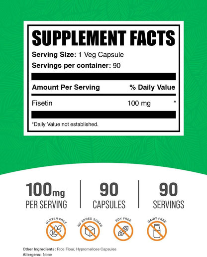 BulkSupplements Fisetin Capsules - 100mg Antioxidant Food Supplement, Vegan & Gluten-free, 90 Capsules
