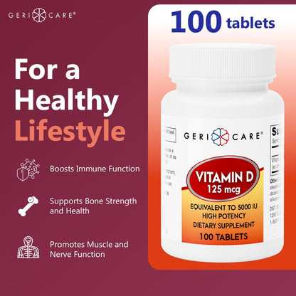 GeriCare Vitamin D 125 mcg (5,000 IU) High Potency Tablets – Supports Normal Bones, Immune Function and Psychological Health – 100 Count