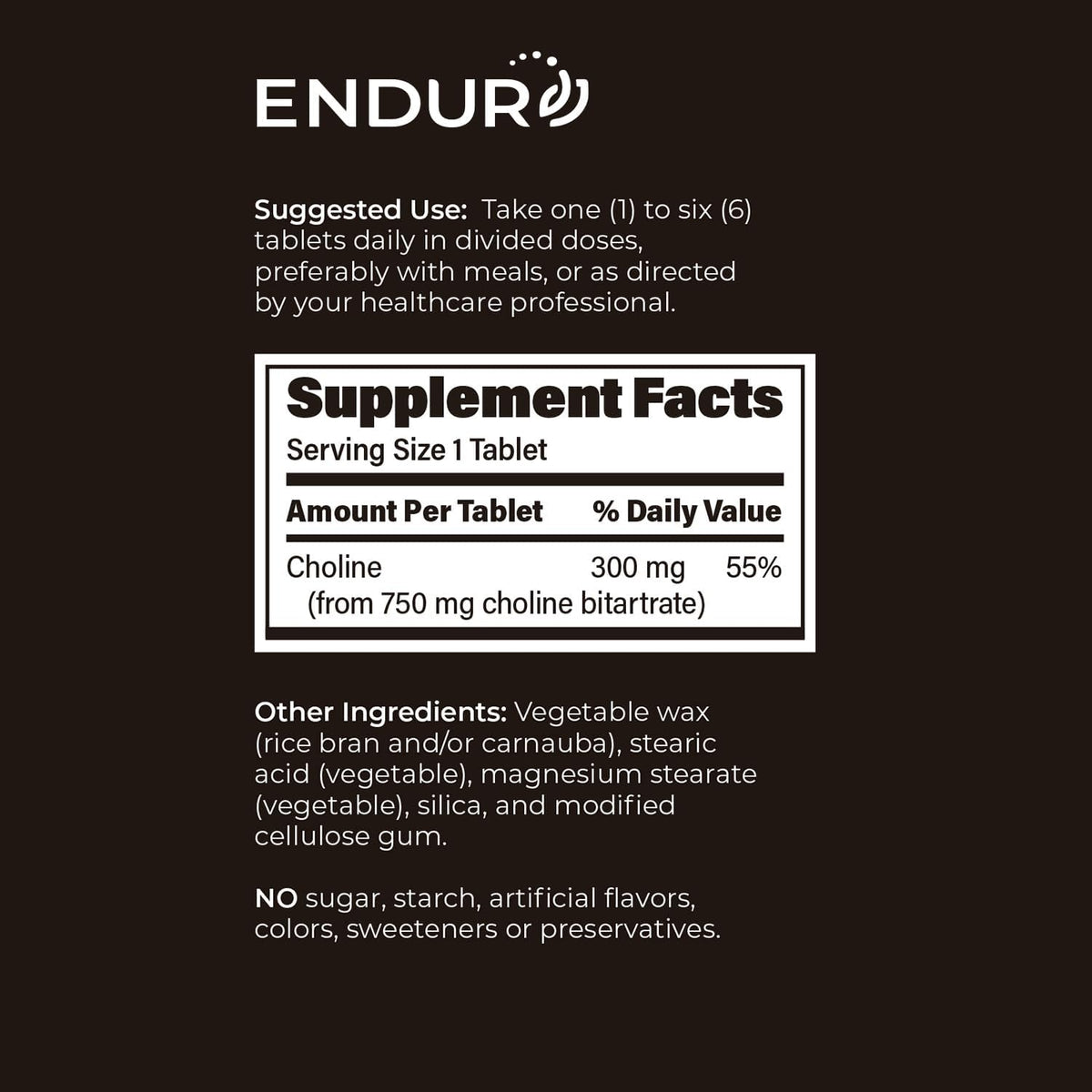 Endur Choline L(+) Bitartrate 300 mg Sustained Release Tablets (200 Count) - görsel 6