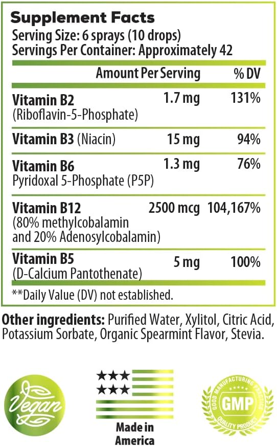 B-Bomb Vitamin B12 + B Complex Liquid Spray - Methylcobalamin with Adenosylcobalamin - Energy & Mood Support, Sugar-Free, Vegan, Organic Spearmint Flavour - görsel 2