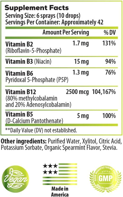 B-Bomb Vitamin B12 + B Complex Liquid Spray - Methylcobalamin with Adenosylcobalamin - Energy & Mood Support, Sugar-Free, Vegan, Organic Spearmint Flavour