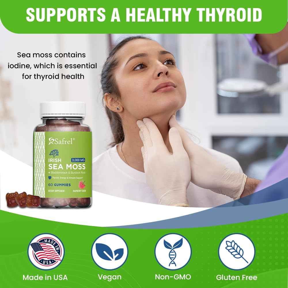 Safrel Irish Sea Moss Gummies 3000mg with Bladderwrack and Burdock Root, Thyroid Energy and Immune Support, Vegan Raspberry Flavour, 60 Gummies - görsel 6