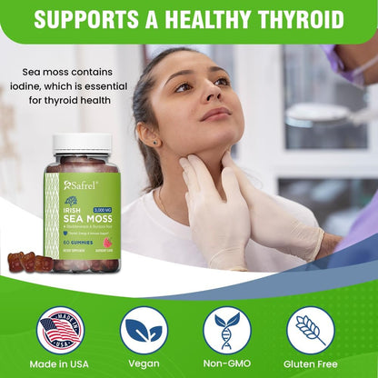 Safrel Irish Sea Moss Gummies 3000mg with Bladderwrack and Burdock Root, Thyroid Energy and Immune Support, Vegan Raspberry Flavour, 60 Gummies
