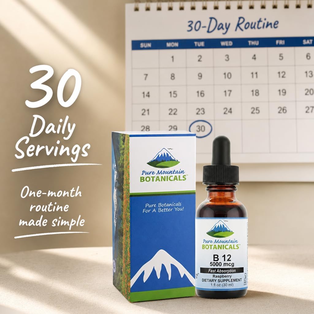 Pure Mountain Botanicals B12 5000 mcg Liquid Drops - Natural Berry Flavour - Vegan, Kosher B12 Supplement - görsel 8
