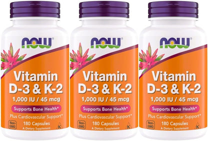 NOW Supplements Vitamin D3 and K2, 1,000 IU/45 mcg, Supports Bone Health, 180 Vegetarian Capsules – Vegan, Gluten-free, Kosher