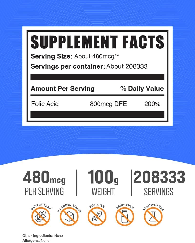 BulkSupplements.com Folic Acid Powder - Folate Supplement, Vitamin B9 - Gluten-free, 480mcg per Serving, 100g - görsel 2