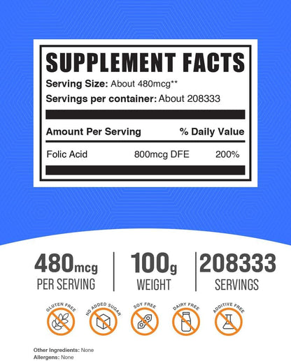 BulkSupplements.com Folic Acid Powder - Folate Supplement, Vitamin B9 - Gluten-free, 480mcg per Serving, 100g