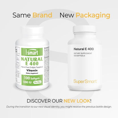 Supersmart Natural E 400 (D-Alpha Tocopherol) 1200IU per Day - High Absorption Vitamin E Supplement | Non-GMO - 100 Softgels