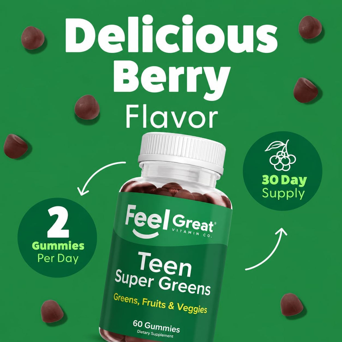 Feel Great Super Green Gummies Teen Vitamins - Vegan Veggie Gummy Multivitamin for Teenagers - 60 Count - görsel 3