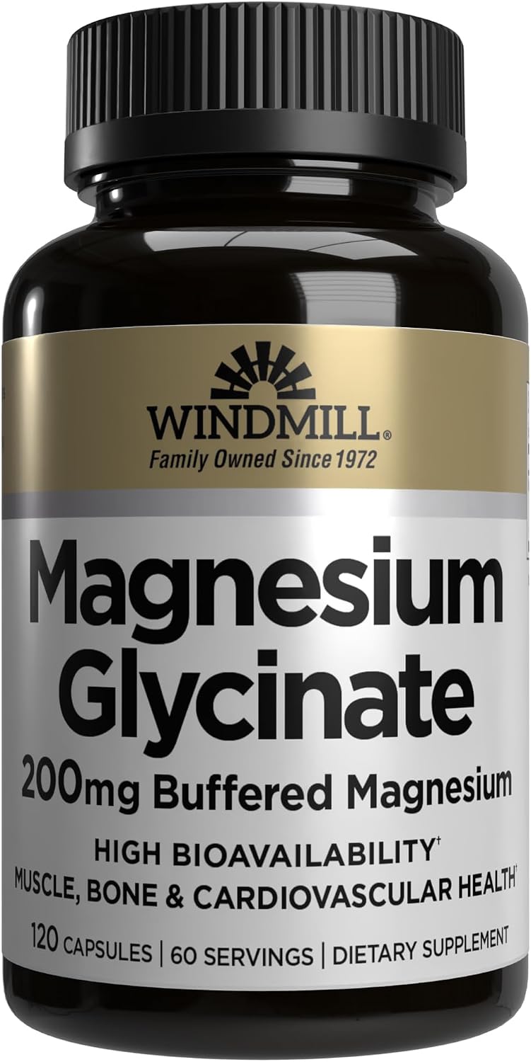 Windmill Magnesium Glycinate 200mg – High Absorption Buffered Formula – 120 Capsules – Non-GM, Gluten-free, Vegan - görsel 1