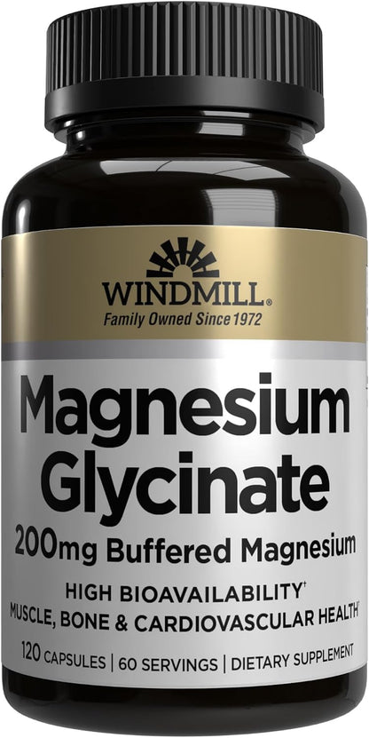 Windmill Magnesium Glycinate 200mg – High Absorption Buffered Formula – 120 Capsules – Non-GM, Gluten-free, Vegan