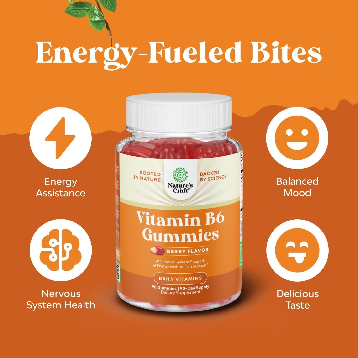 High Strength Vitamin B6 Gummies for Adults - 50mg Per Serving - For Energy, Immune & Nerve Function - Vegan Kosher - 90 Count - görsel 5