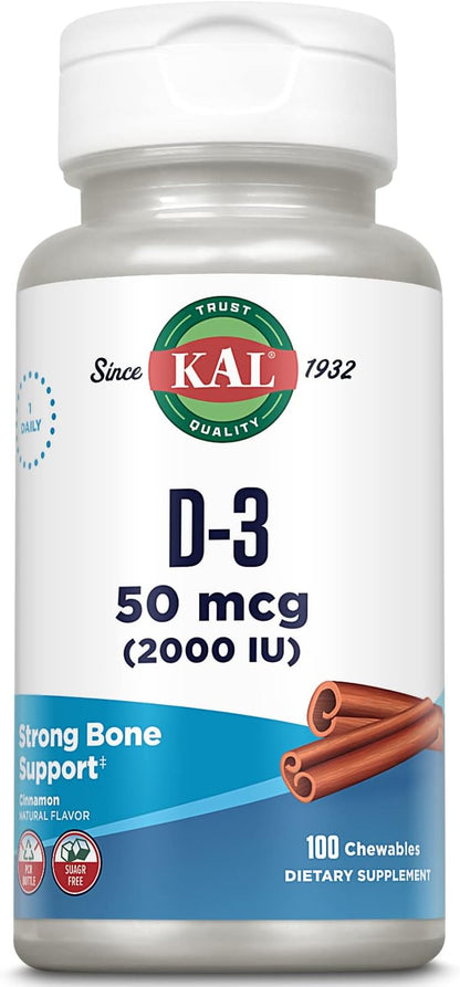 KAL Vitamin D3 Chewables - 2000 IU (50 mcg) - Sugar Free Natural Cinnamon Flavour - 200 Chewable Tablets