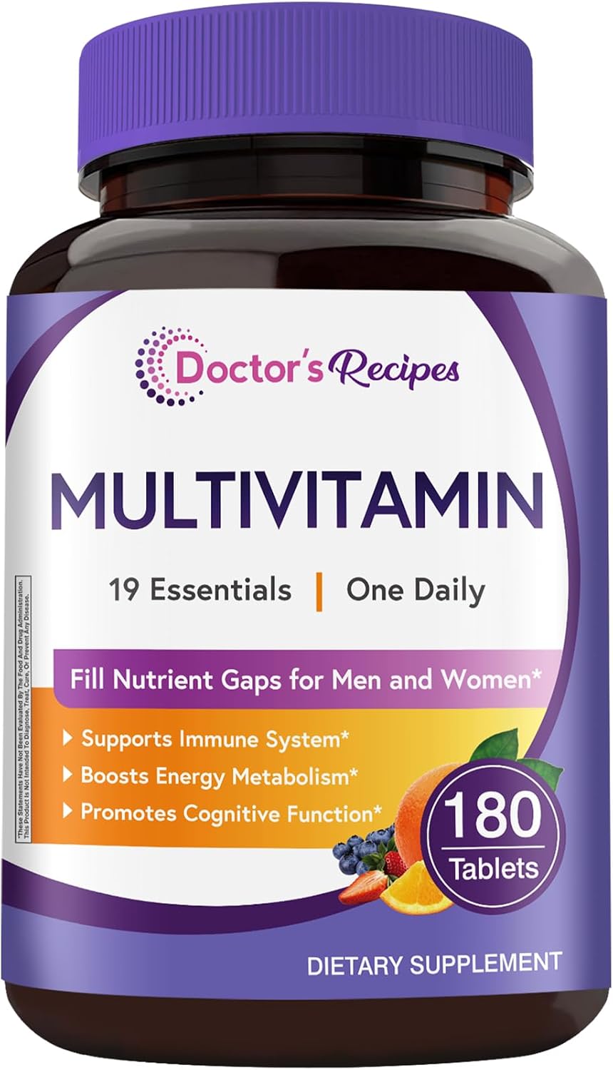 Doctor's Recipes Multivitamin for Women and Men, Immune, Energy and Brain Health Support, Vitamin A, C, D3, E, B6, B12, Folic Acid, Iron, Zinc, Copper, Selenium and Iodine, No Gluten, Non-GMO, 180 Tablets - görsel 1