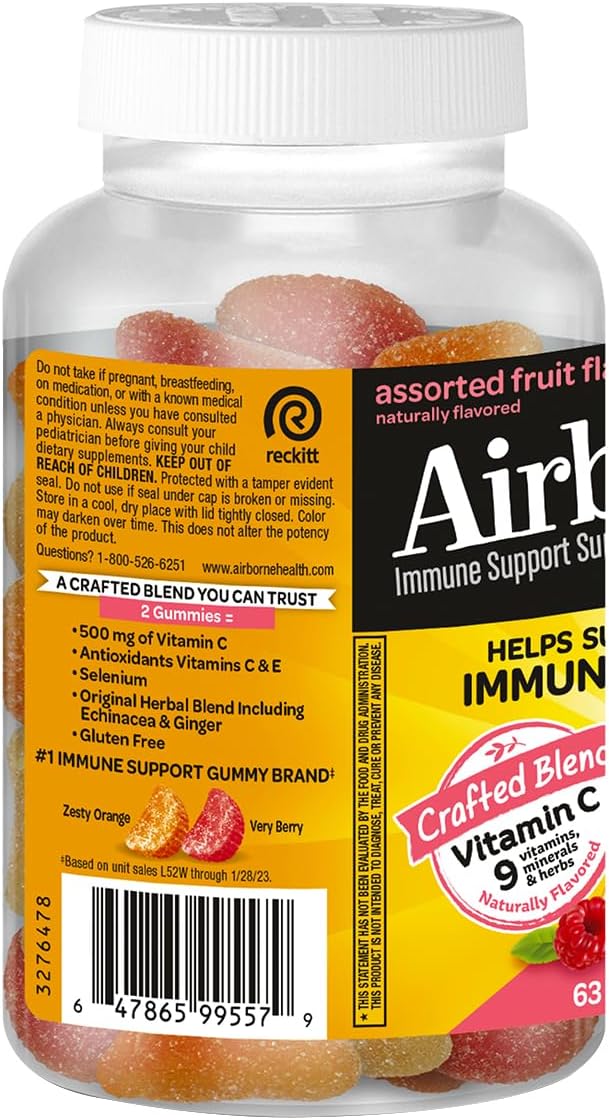 Airborne 500mg Vitamin C + Zinc Immune Support Supplement Gummies for Children, Assorted Fruit Flavour, Gluten-free Crafted Blend with Powerful Antioxidants Vitamins C & E, 63 Gummies (2 Pack) - görsel 4