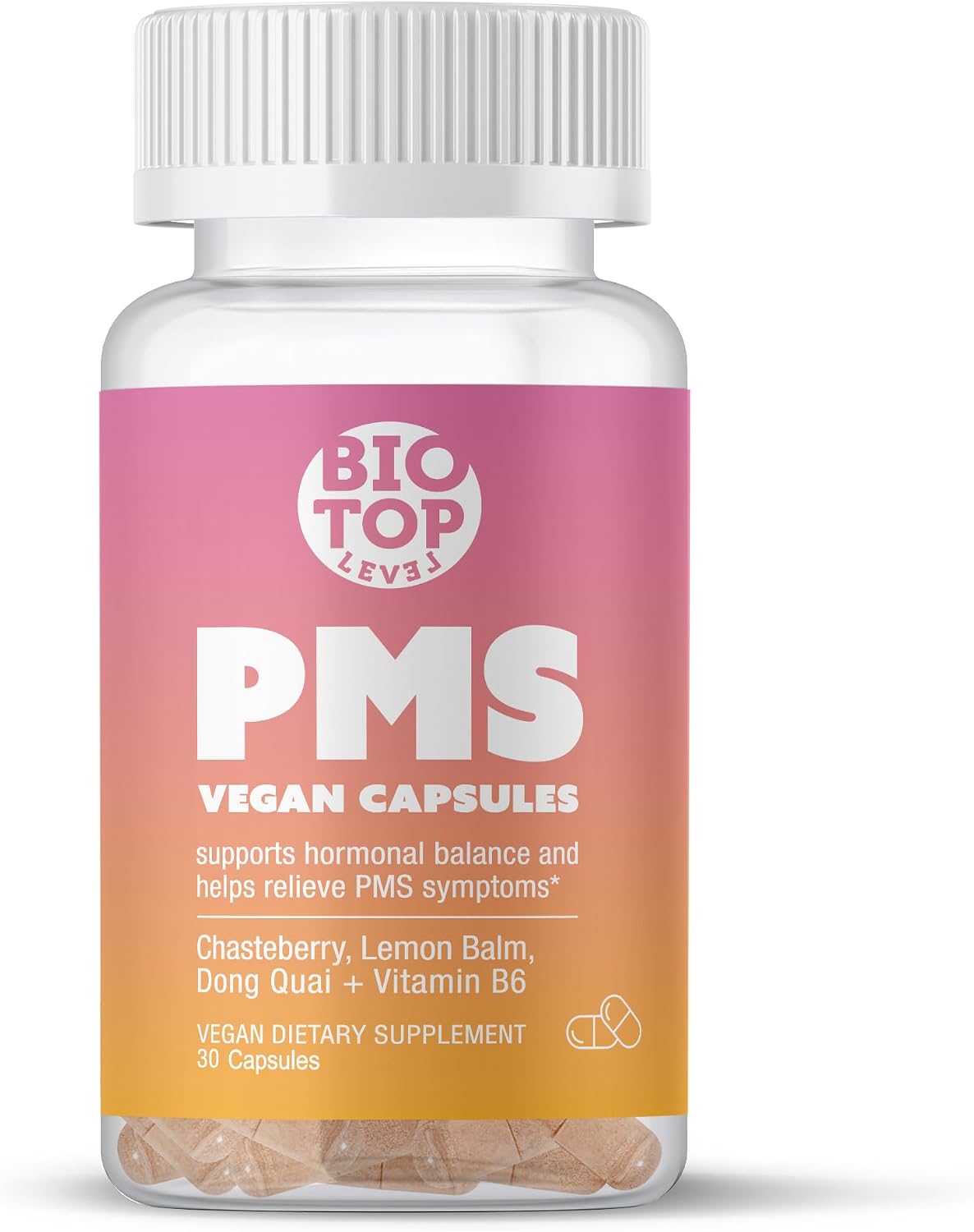 BIOTOPLEVEL PMS Support Supplement – Hormone Balance and Menstrual Relief with Chasteberry, Vitamin B6, Lemon Balm, Dong Quai (30 Vegan Capsules) - görsel 1