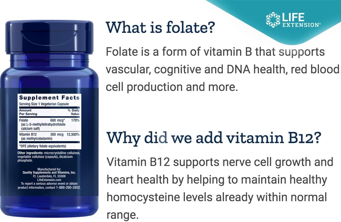 Life Extension BioActive Folate & Vitamin B12, 150 Vegetarian Capsules - görsel 3