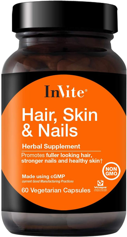 Invite Health Hair, Skin & Nails Supplement – Supports Health and Growth of Hair, Skin and Nails – Contains Vitamin C, Biotin, Zinc, MSM, Silica, Lysine, Proline, Oatgrass – 60 Vegetarian Capsules