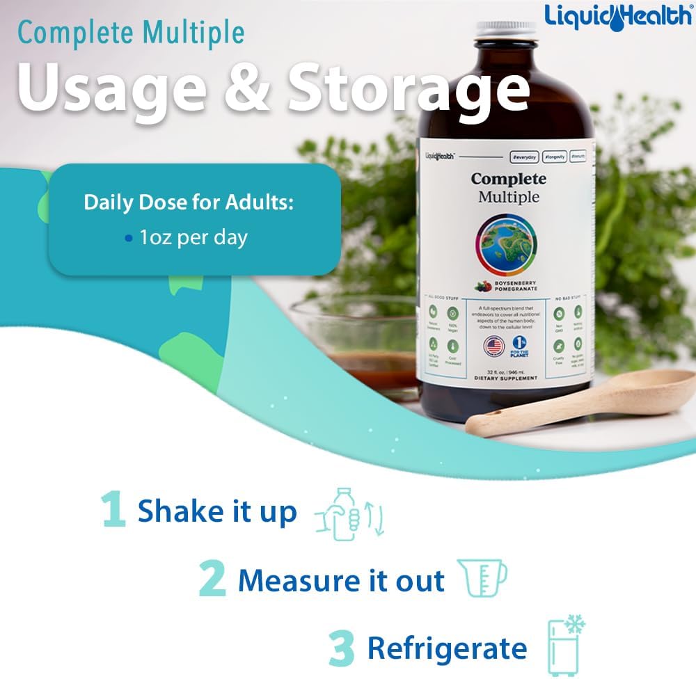 LIQUIDHEALTH Complete Multiple Adult Liquid Multivitamin with Real Fruits & Vegetables, Immune & Gut Health Support, Energy, Vegan, Non-GMO (946 ml) - görsel 4