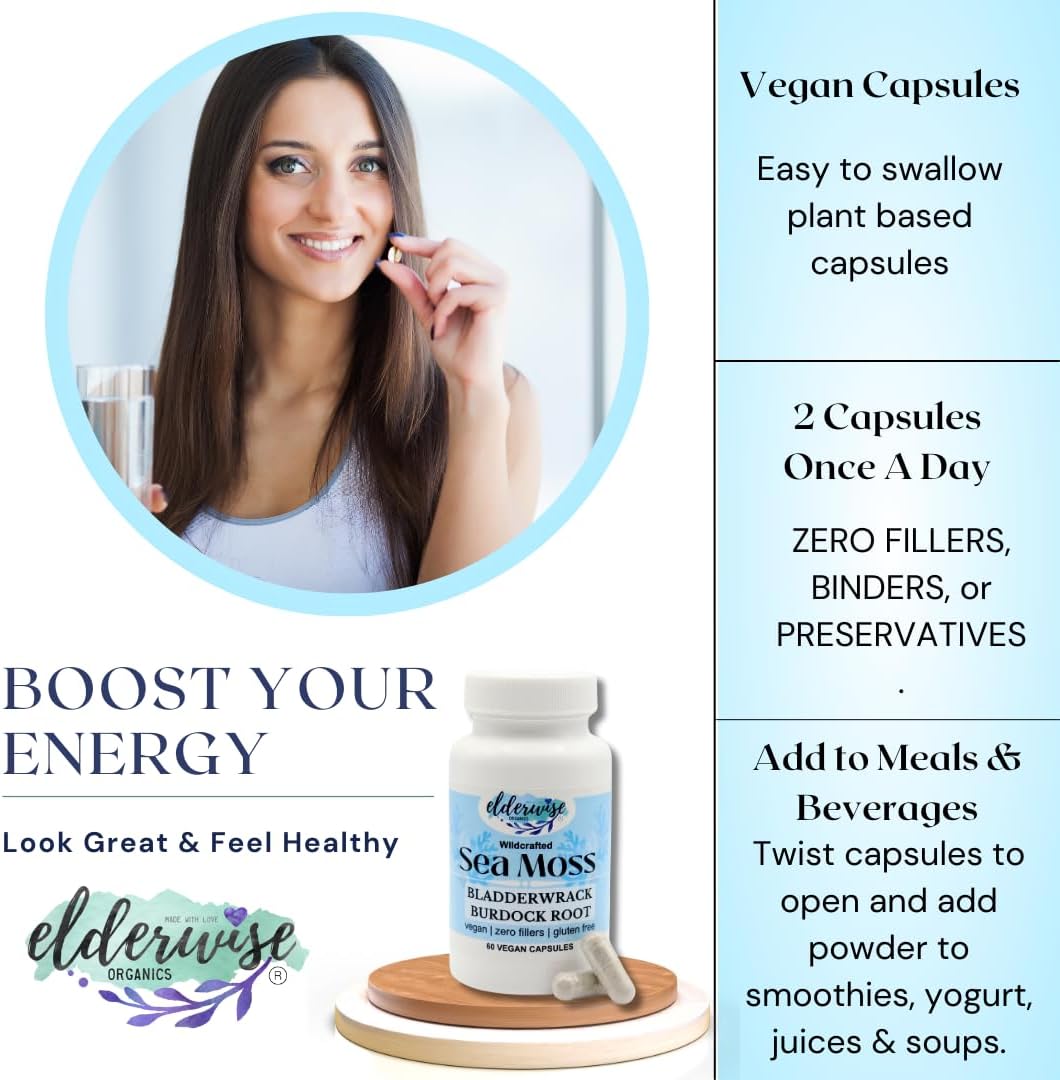 Elderwise Sea Moss Capsules with Burdock Root & Bladderwrack | Superfood Supplement | 60 Vegan Capsules | 30-Day Supply | 1400mg - görsel 5