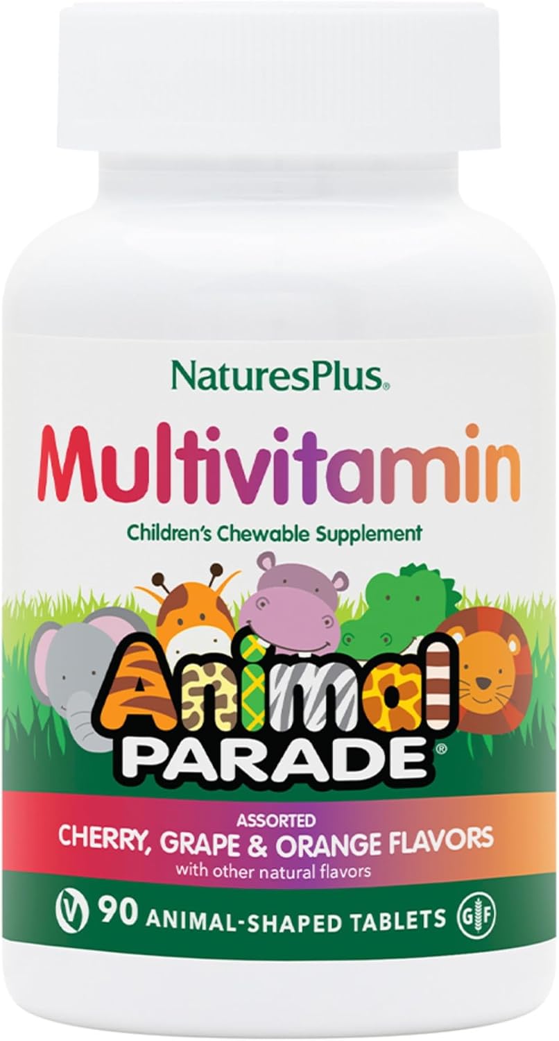 NaturesPlus Animal Parade Children's Chewable Multivitamin - 90 Animal-Shaped Tablets - Natural Assorted Flavours - Vegetarian, Gluten-Free - 45 Servings - görsel 1