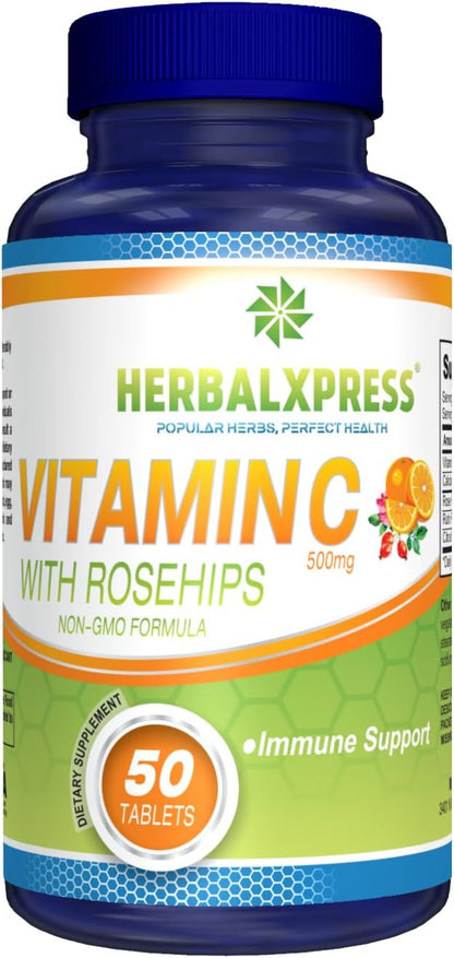 HerbalXpress Vitamin C 500mg with Rose Hips & Citrus Bioflavonoids - 50 Tablets