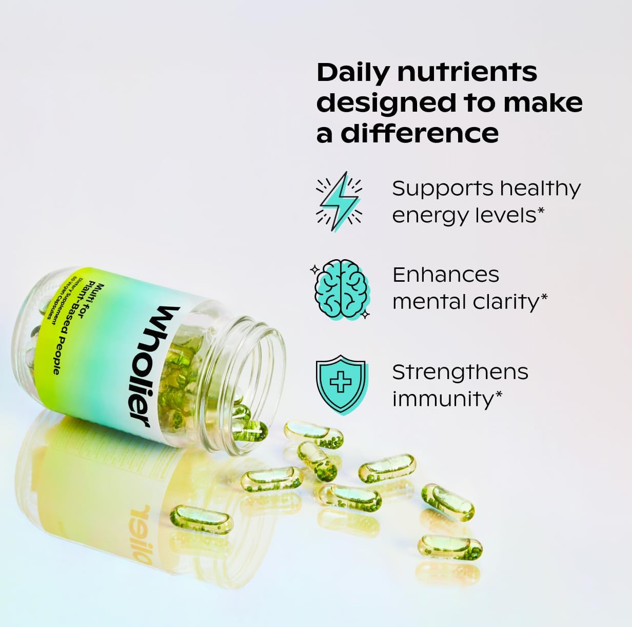 wholier Multi for Plant Based People – Vegan Multivitamin with Omega-3 DHA & EPA, B12, D3, Iron, Zinc – 60 Capsules - görsel 3