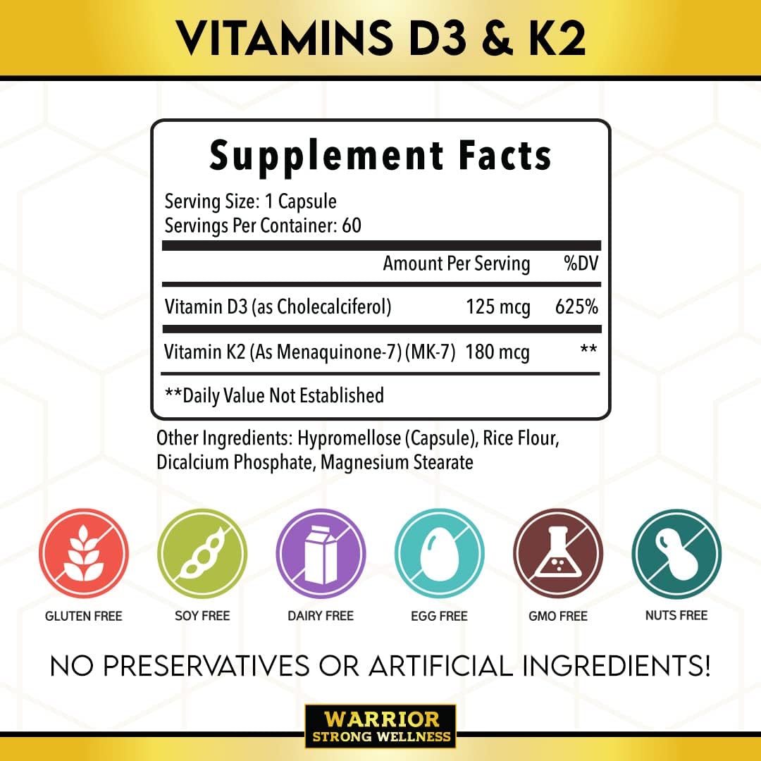 Warrior Strong Wellness Vitamin D3 with K2 - 5000 IU D3 & 180 mcg K2 (MK-7) - Bone Health & Immune Support - 60 Vegetable Capsules - görsel 2