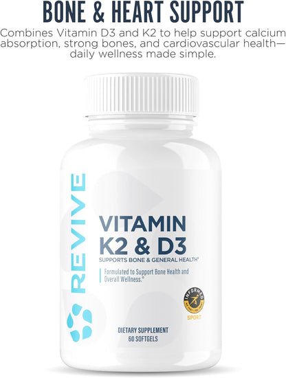 REVIVE MD Vitamin D3 & K2 Supplement for Men and Women, 5000 IU - Doctor Formulated K2 & D3 Vitamin Supplement Supports Bone Health & Muscle Strength - Immune & Cardiovascular Support (60 Servings)