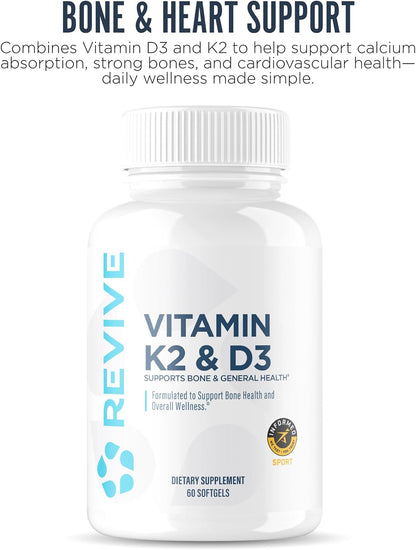 REVIVE MD Vitamin D3 & K2 Food Supplement | 5000 IU D3 + MK-7 K2 | 60 Soft gel capsules