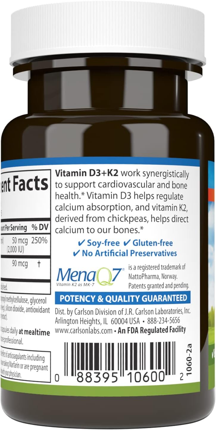 Carlson Vitamin D3 + K2, 50 mcg (2000 IU) Vitamin D3 & 90 mcg Vitamin K2 as MK7, 30 Softgels - görsel 3