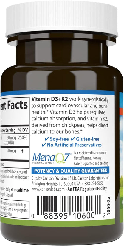 Carlson Vitamin D3 + K2, 50 mcg (2000 IU) Vitamin D3 & 90 mcg Vitamin K2 as MK7, 30 Softgels