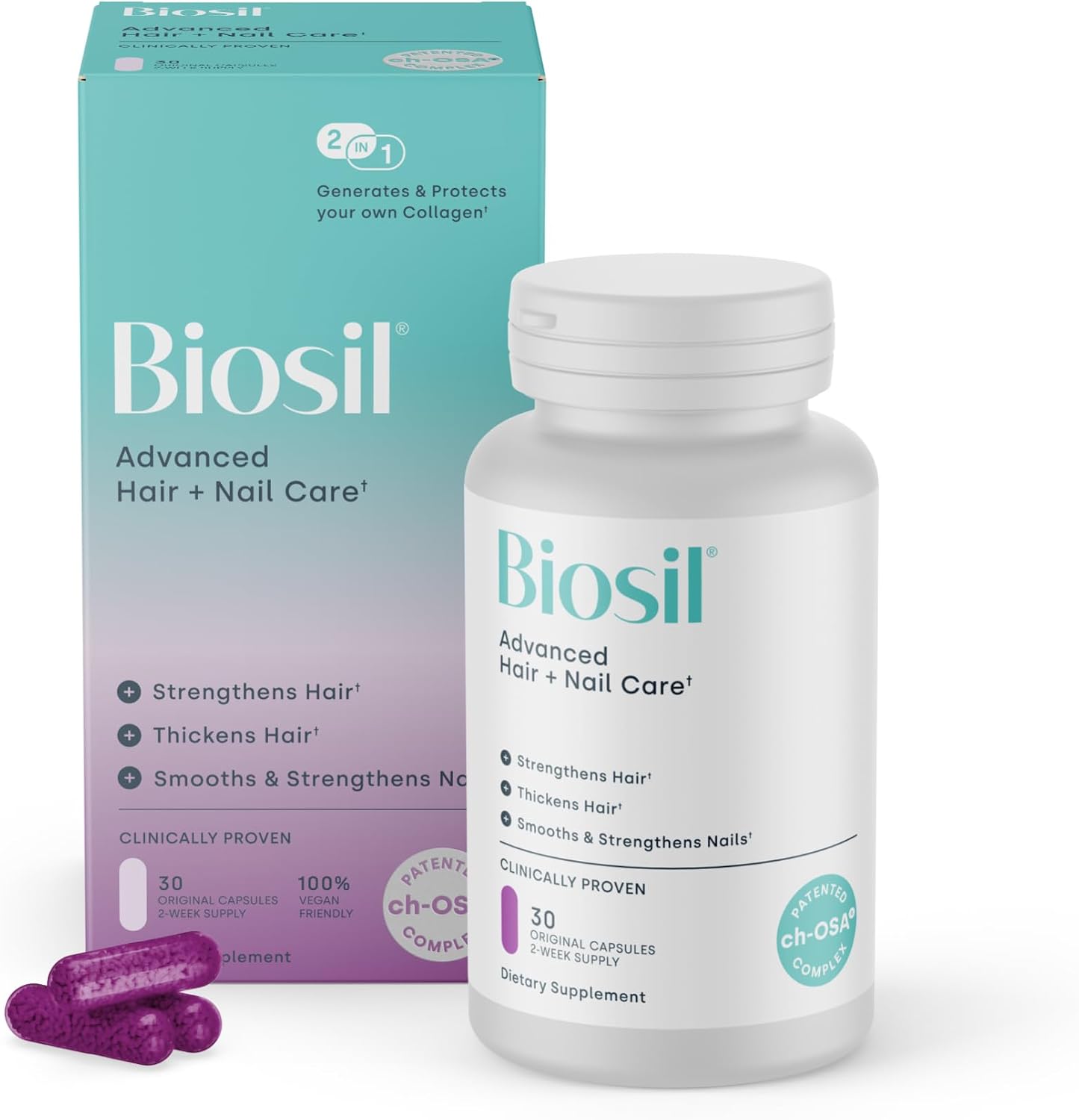 Biosil Advanced Hair + Nail Care - 30 Capsules - with Patented ch-OSA and Biotin - görsel 1