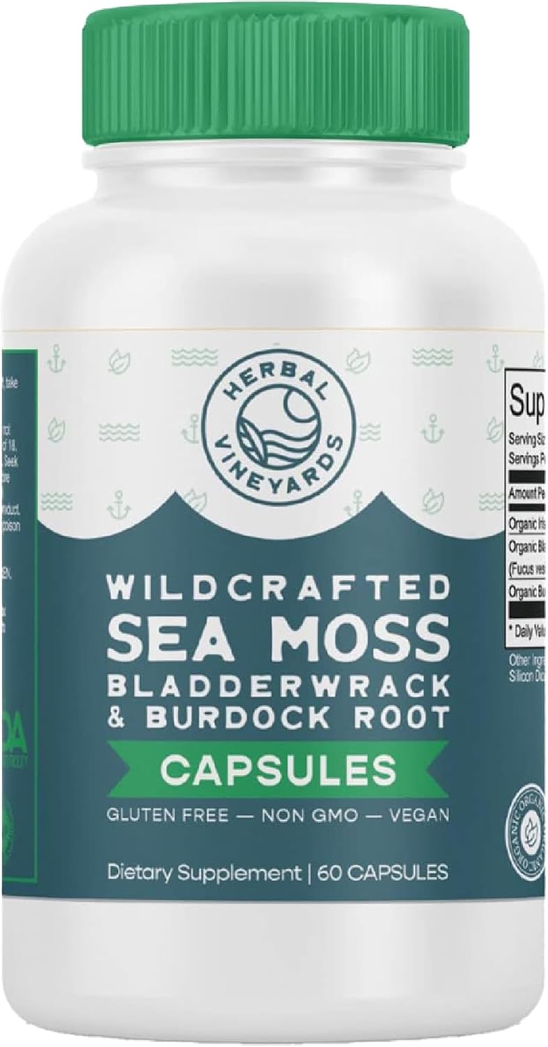 Herbal Vineyards Organic Wildcrafted Vegetable Capsules - Irish Sea Moss, Bladderwrack, and Burdock Root - 1500mg, 60 Capsules - görsel 1