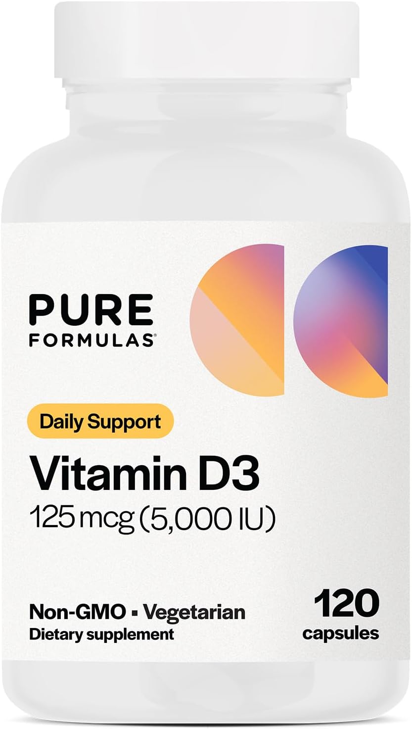 PureFormulas Vitamin D3 5,000 IU 125 mcg - Pure Vitamin D Supplement for Healthy Bone Formation, Teeth, Cardiovascular Health, and Immune Support Non-GMO - 120 Vegetarian Capsules - görsel 1