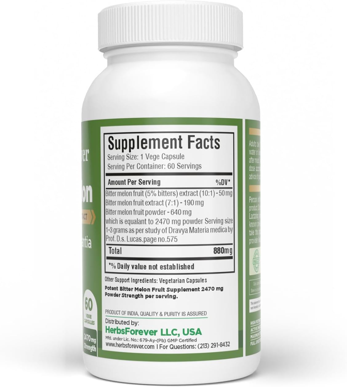 HerbsForever Bittermelon (Karela) Extra Strength (10:1) Extract – 880mg, 60 Veg Capsules - görsel 3