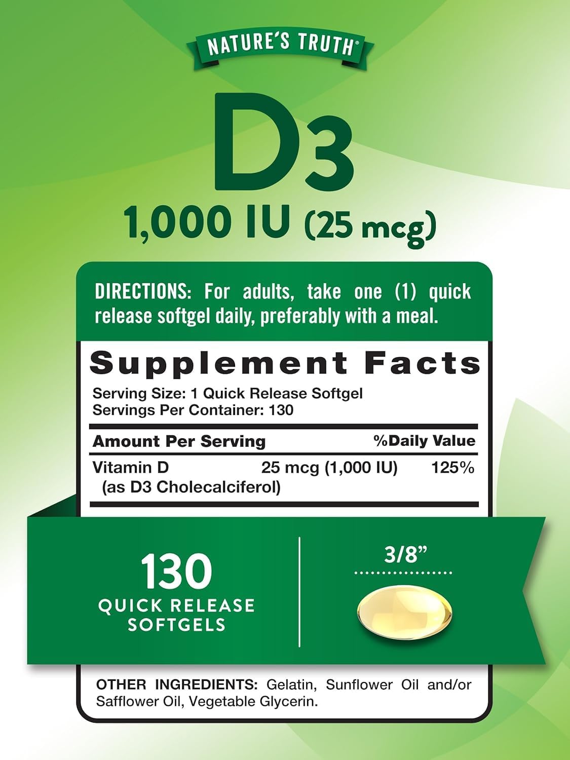 Nature's Truth Vitamin D3 1000 IU, 130 Count (Pack of 3) - görsel 2