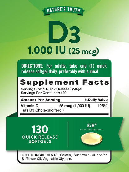 Nature's Truth Vitamin D3 1000 IU, 130 Count (Pack of 3)