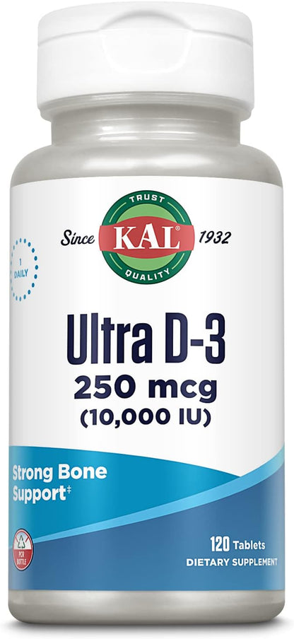 KAL Ultra Vitamin D3 10,000 IU (250 µg) - High Potency Vitamin D Tablets, Bone Health & Immune Support, 120 Rapid Disintegration ActivTabs