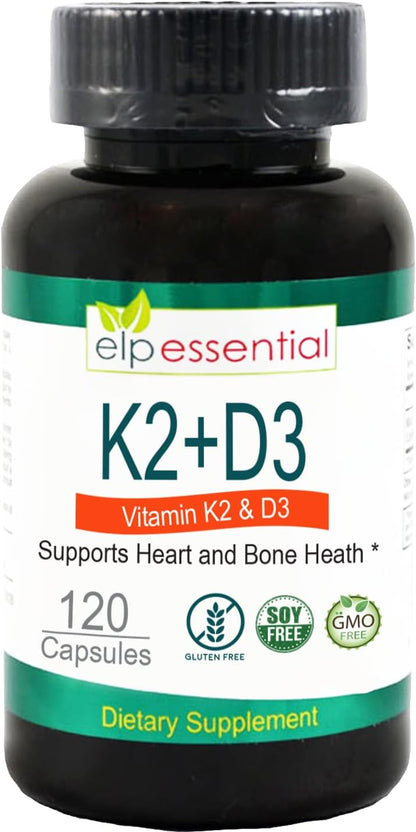 ELP ESSENTIAL Vitamin K2 with D3 Food Supplement - Bone and Heart Health, 120 Capsules