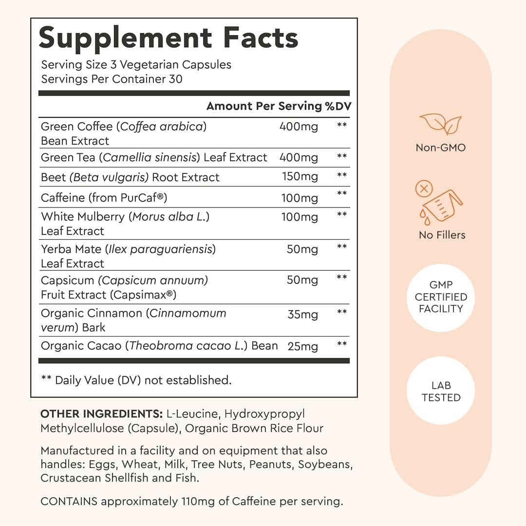 Alaya Naturals Metabolism+, Natural Energy with Green Tea, Cinnamon, Beet Root, Caffeine, Non-GMO – 90 Capsules - görsel 6