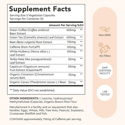 Alaya Naturals Metabolism+, Natural Energy with Green Tea, Cinnamon, Beet Root, Caffeine, Non-GMO – 90 Capsules
