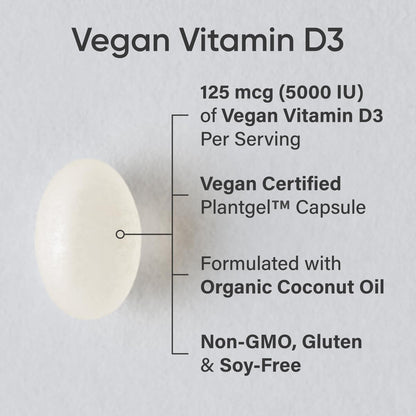 Sports Research Vegan Vitamin D3 5000 IU (125 mcg) with Coconut Oil – 100% Plant-Based Vitamin D for Bone, Muscle & Immune Health – 60 Softgels