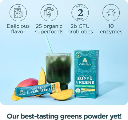Ancient Nutrition SuperGreens Powder with Probiotics, Organic Mango Flavour, 16 Stick Packs