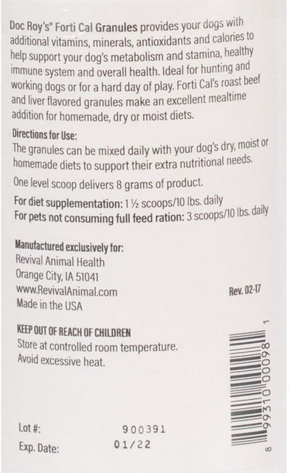 Doc Roy’s Forti Cal High Calorie Nutritional Supplement for Dogs and Cats, Roast Beef & Liver Flavour, 454g Granules