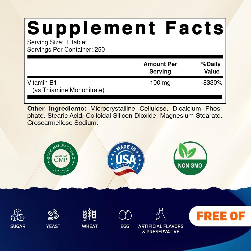 Vitamatic Vitamin B1 (Thiamine Mononitrate) 100mg, 250 Vegetarian Tablets - görsel 2