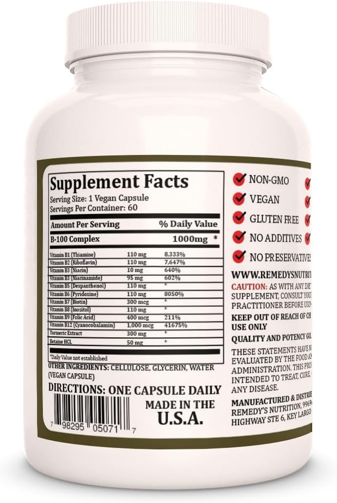 Vitamin B-100 Complex | 1,000 mg, 60 Vegan Capsules | 60-Day Supply - görsel 2