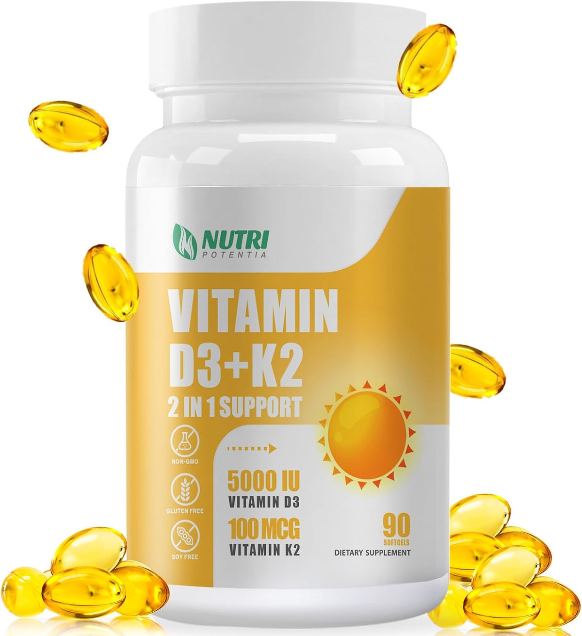 NUTRI POTENTIA Vitamin D3 K2 Supplement with MCT Oil - 5000 IU D3, 100 mcg K2 (MK-7) - Bone and Immune Health Support - 90 Soft gel capsules - görsel 1