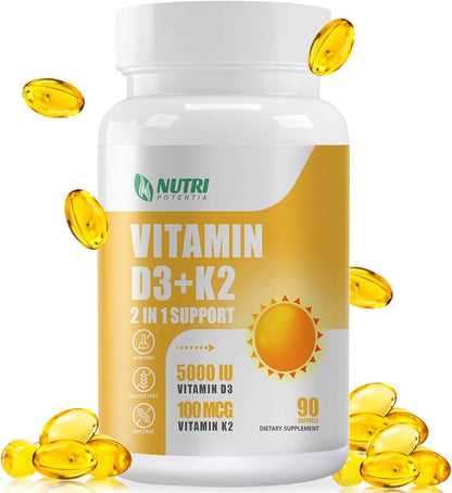 NUTRI POTENTIA Vitamin D3 K2 Supplement with MCT Oil - 5000 IU D3, 100 mcg K2 (MK-7) - Bone and Immune Health Support - 90 Soft gel capsules