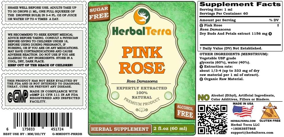 Pink Rose (Rosa damascena) Glycerite, Dried Buds and Petals Alcohol-Free Liquid Extract (Brand Name: HerbalTerra) 5x2 fl.oz (5x60 ml) - görsel 2
